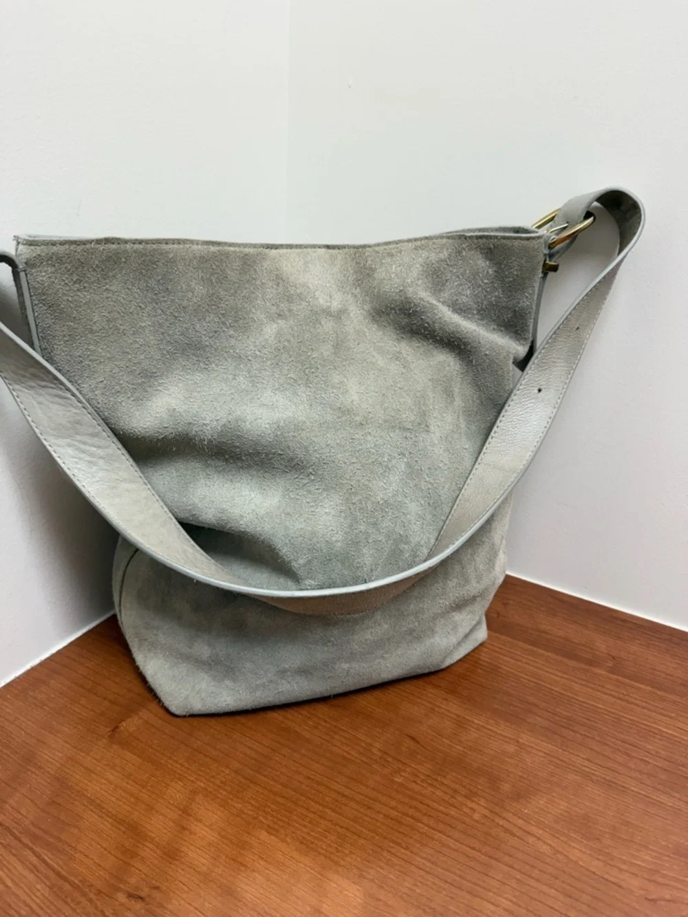 Margot New York Kaye LARGE Bucket Suede Leather Tote Bag :Gray Tan EUC